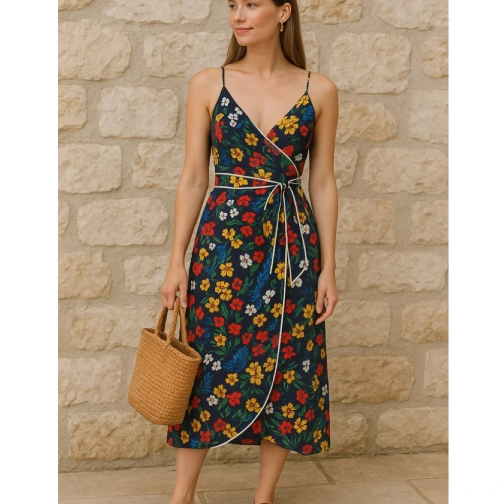 TORY BURCH Navy Blue Floral Grotto Midi Wrap Dress Size 8